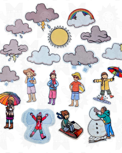 A collection of colorful felt pieces depicting weather conditions, such as clouds, sun, rain, and snow, as well as people engaging in activities related to these weather conditions.