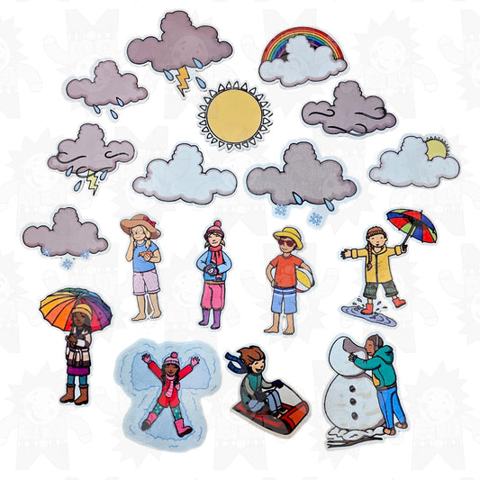 A collection of colorful felt pieces depicting weather conditions, such as clouds, sun, rain, and snow, as well as people engaging in activities related to these weather conditions.