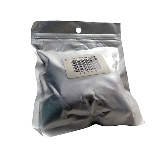 A clear plastic bag containing multicolored magnetic discs.