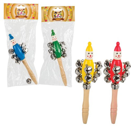 Clown-themed jingle sticks with colorful tops in packaging