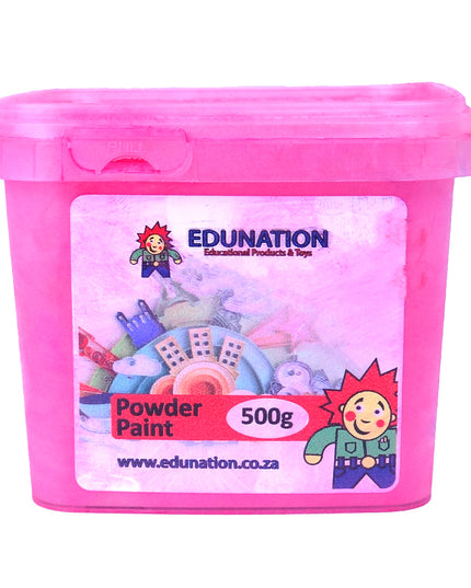 Pink container of powder paint with Edunation branding.