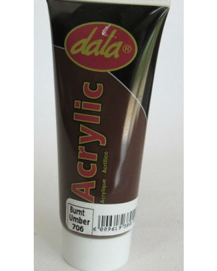 Tube of Dala Acrylic paint in Burnt Umber color.