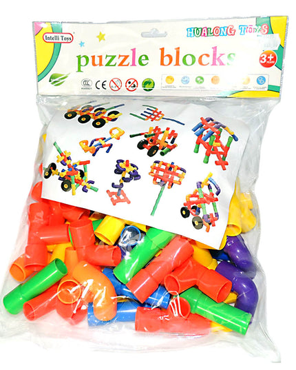 Packaged puzzle blocks with colorful building toys