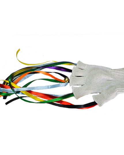 A glove with multicolored ribbons attached to the wrist area.
