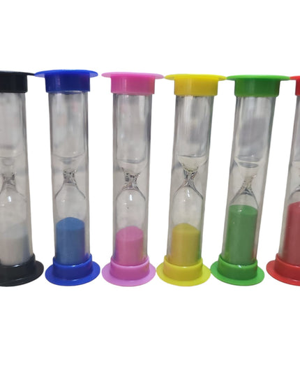 A collection of six hourglasses with clear bulbs and colored plastic bases in black, blue, pink, yellow, green, and red.
