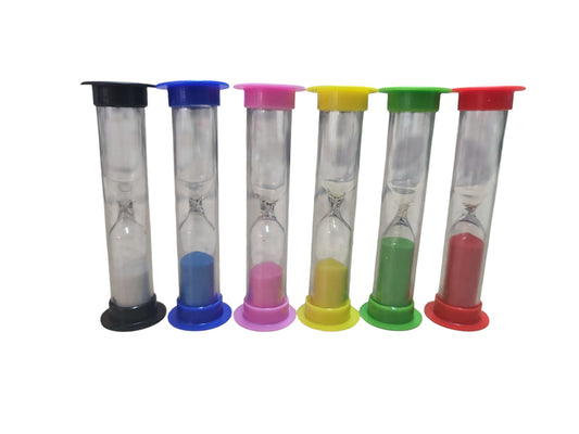 A collection of six hourglasses with clear bulbs and colored plastic bases in black, blue, pink, yellow, green, and red.