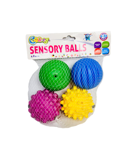 A set of four multicolored sensory balls packaged in a clear plastic bag