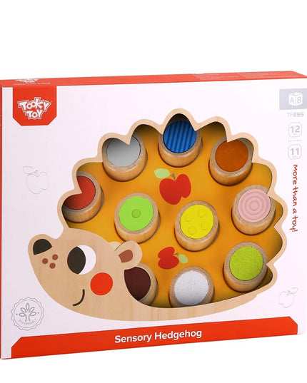 A colorful wooden sensory hedgehog toy with multiple textured and patterned discs, packaged in a box.