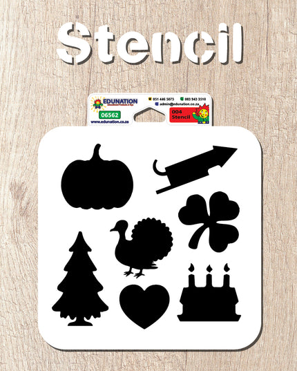 A collection of cutout stencils with various festive symbols including a pumpkin, a Christmas tree, a heart, a clover, and a candle