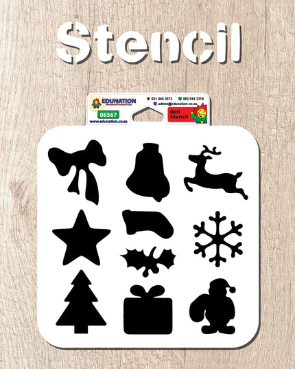 A collection of Christmas-themed stencils including shapes of a bell, a reindeer, a star, a snowflake, a Christmas tree, and a gift box