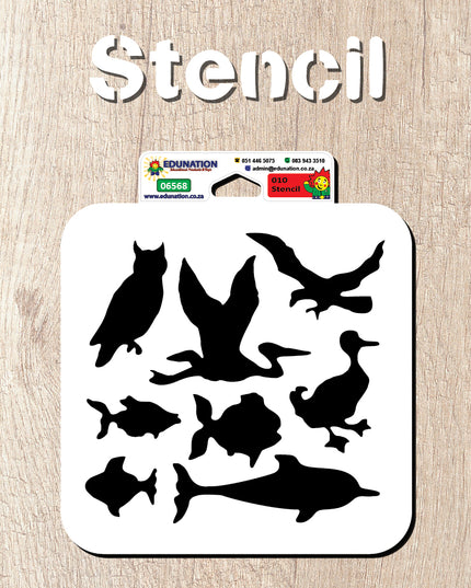 A white styrene cutout stencil with various bird and fish shapes designed for arts and crafts.