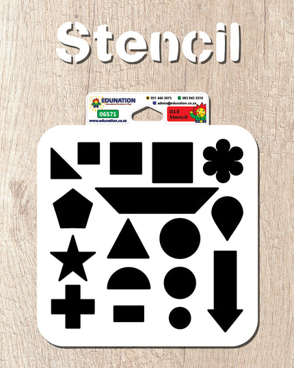 A white plastic stencil with various shapes including star, circle, and rectangle, designed for arts and crafts.