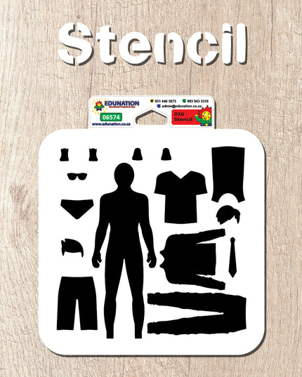 A white plastic stencil sheet with a black silhouette of a boy and various clothing items