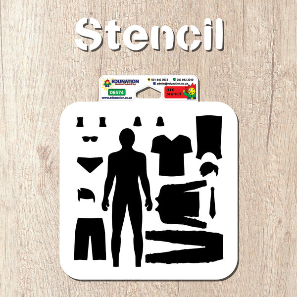 A white plastic stencil sheet with a black silhouette of a boy and various clothing items