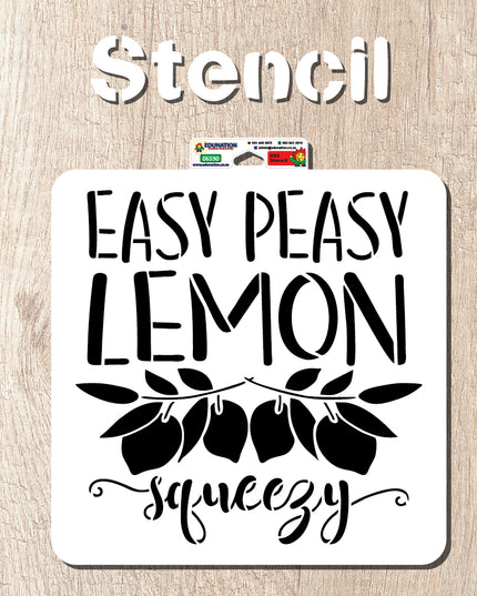 A square white stencil with black text and design elements