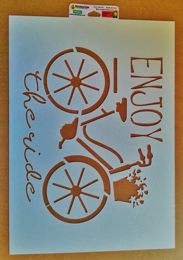 A bicycle-shaped stencil with the phrase 'Enjoy the ride' written vertically alongside the image.