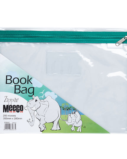 Book Bag Zipper - Clear with zip - A4 - Green 250 micron 355mmx280mm