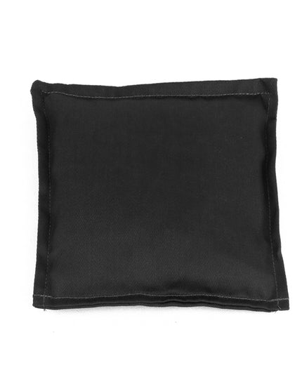 A black bean bag with a size of 14cm x 14cm