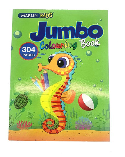 A jumbo-sized coloring book with a colorful cover featuring a seahorse, beach ball, and the text 'Marlin Kids Jumbo Colouring Book 304 Pages'.