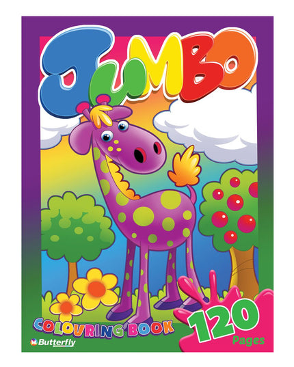 A cover image of a 'Jumbo' coloring book featuring a colorful cartoon giraffe with the text '120 pages' and the name 'Jumbo' prominently displayed.