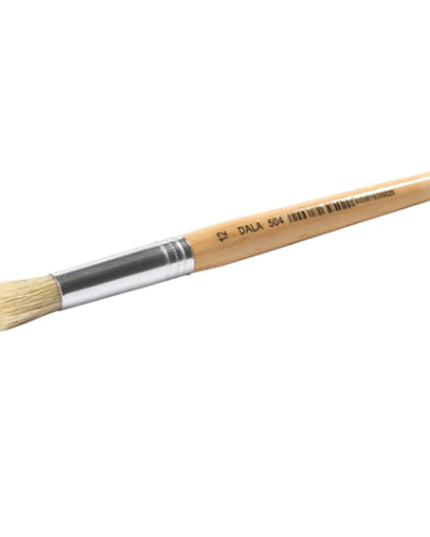 A paintbrush with a wooden handle and bristles.