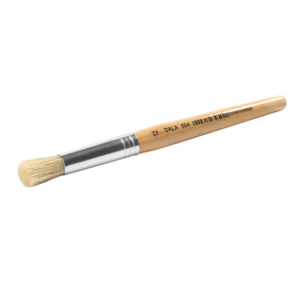 A paintbrush with a wooden handle and bristles.