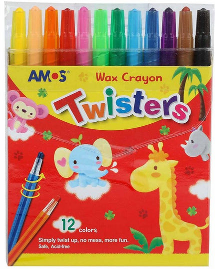 Pack of Amos wax crayons with twistable barrels, 12 bright colors - 'Wax Crayon Twisters'.