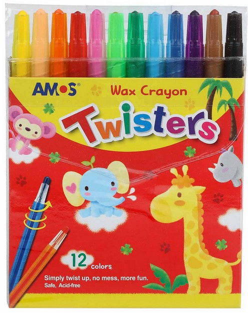 Pack of Amos wax crayons with twistable barrels, 12 bright colors - 'Wax Crayon Twisters'.
