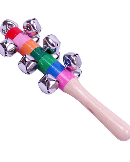 A wooden jingle stick with a series of multicolored bells attached to it, with a natural wood handle.