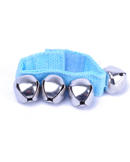 Four metal wrist bells attached to an blue nylon strap with Velcro closure