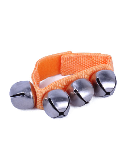 Four metal wrist bells attached to an orange nylon strap with Velcro closure