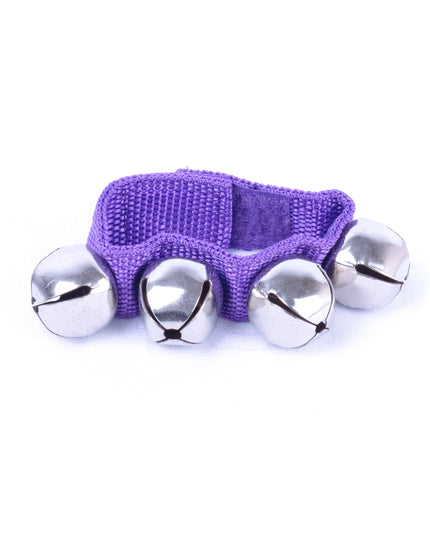 Four metal wrist bells attached to an purple nylon strap with Velcro closure