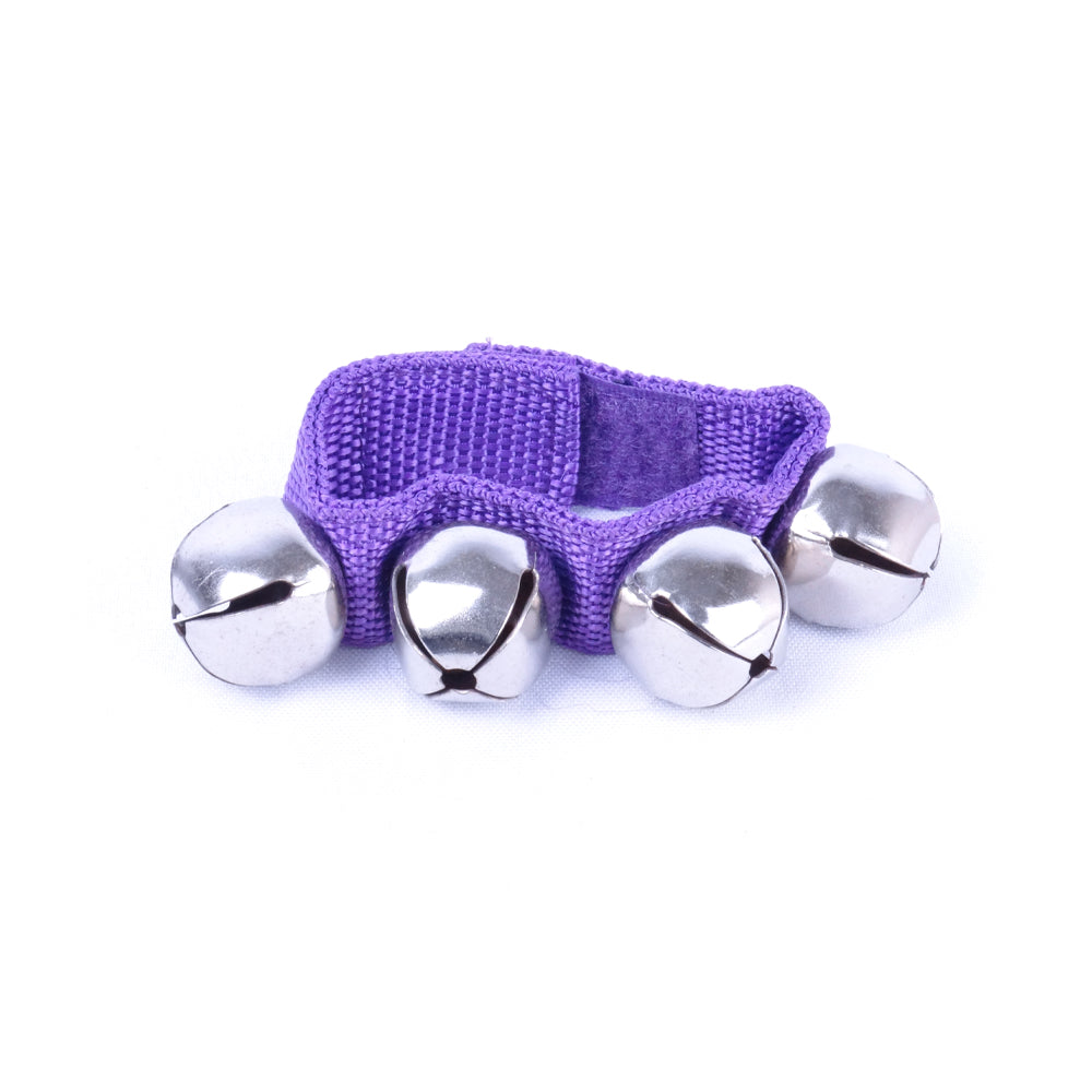 Four metal wrist bells attached to an purple nylon strap with Velcro closure