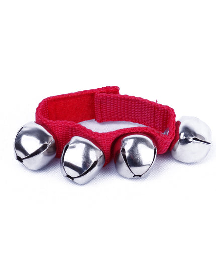 Four metal wrist bells attached to an red nylon strap with Velcro closure