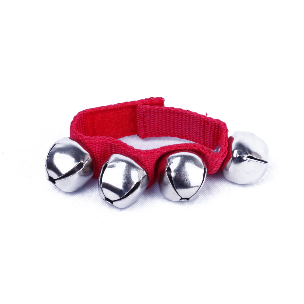 Four metal wrist bells attached to an red nylon strap with Velcro closure