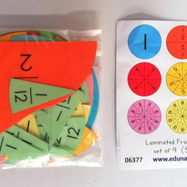 Fraction Circles set of 9 Circles - 51 pieces laminated board - Edunation South Africa