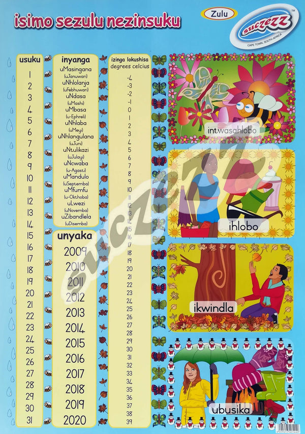 Poster - Isimo Sezulu Nezinsuku (Weather and Dates) - Zulu